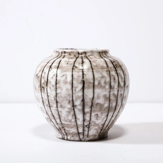 1960s Mid-Century Modernist White and Earth Toned Ceramic Vase With Bowed Line Work For Sale - Image 5 of 13
