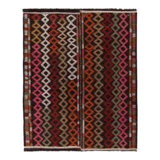 Handwoven Vintage Turkish Kilim Rug in Brown, Multicolor Embroidery Geometric Pattern For Sale