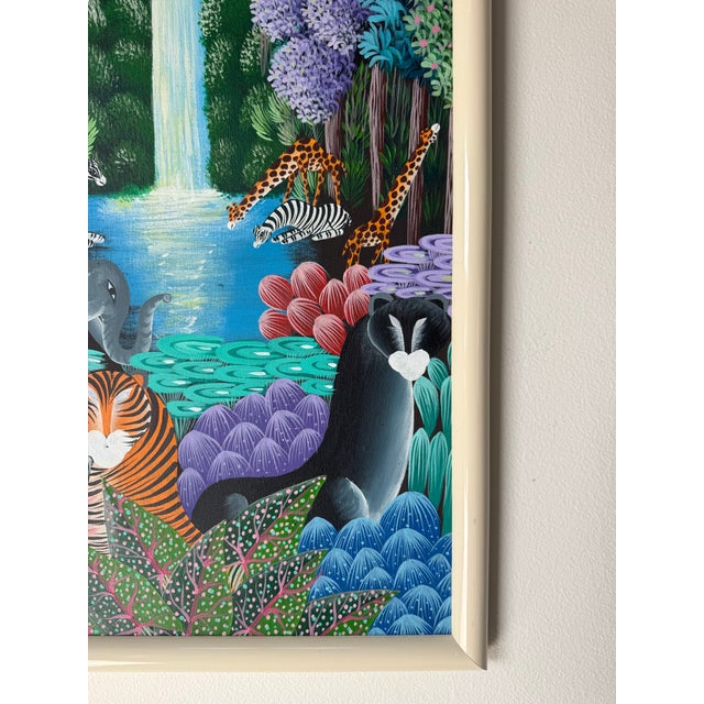 Vintage Haitian Folk Art Wildlife Jungle Scene Oil on Canvas – Framed For Sale - Image 9 of 13
