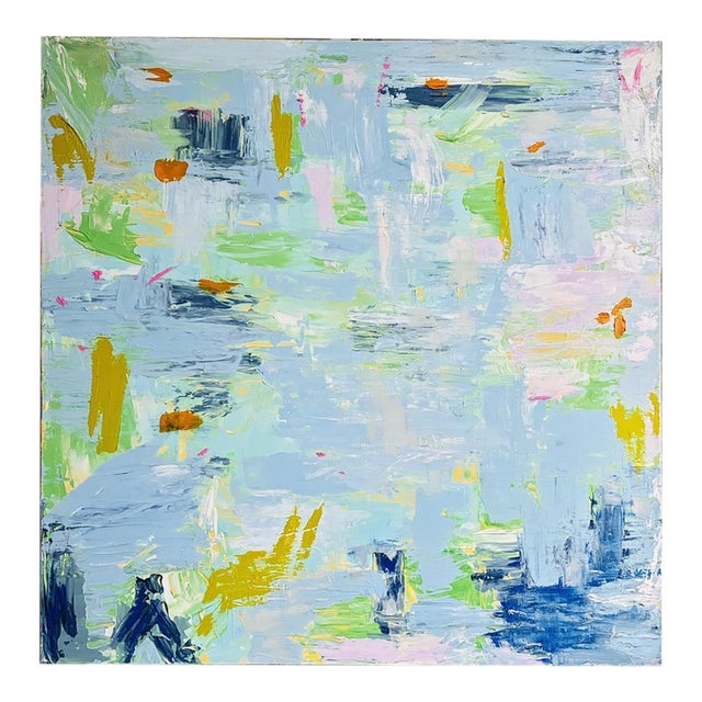 Large Original Blue Green Abstract Canvas Art: Modern Palm Beach Art Oil and Acrylic Texture by Tatiana Dupearult For Sale