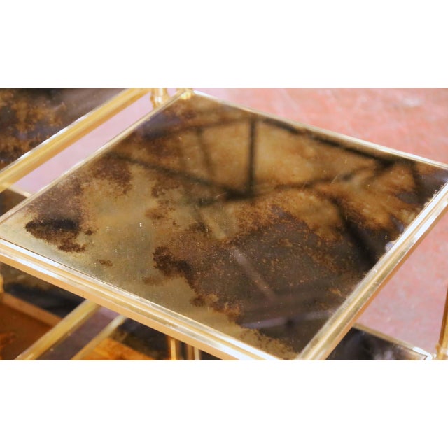 French Pair of Mid-Century French Brass and Smoked Glass Two-Tier Side Tables For Sale - Image 3 of 7