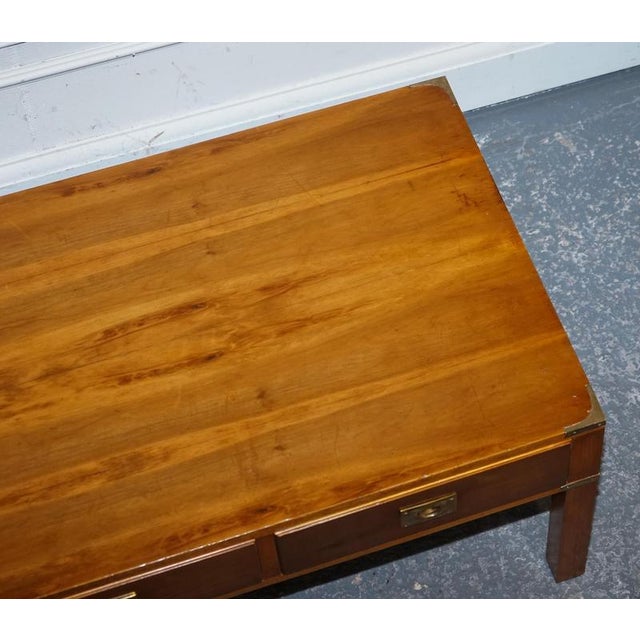 Vintage Military Campaign Yew Wood and Brass 3 Drawer Coffee Table For Sale - Image 10 of 14