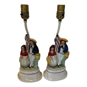 Pair of Mid Century Staffordshire Lamps Featuring a Sailor and His Maiden or Sweetheart