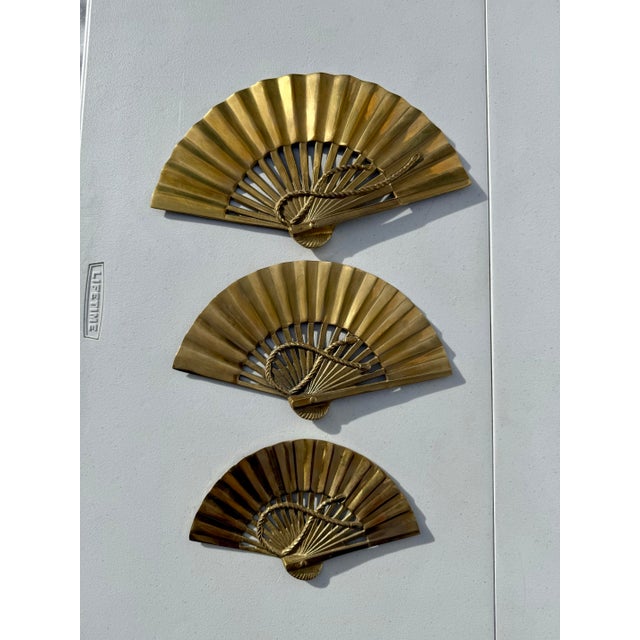 Brass Vintage Mid-Century Modern Brass Fan Wall Hangings - Set of 3 For Sale - Image 8 of 10