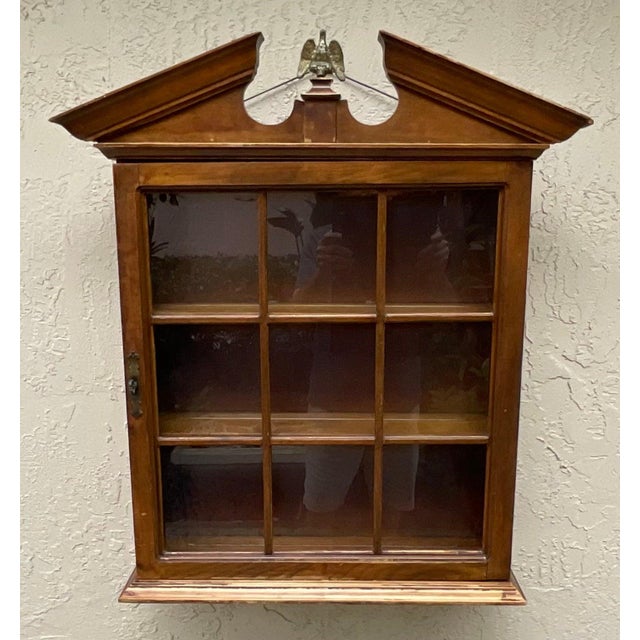 Vintage Solid Wood Hanging Wall Cabinet / Curio & Brass Eagle Finial For Sale - Image 9 of 17