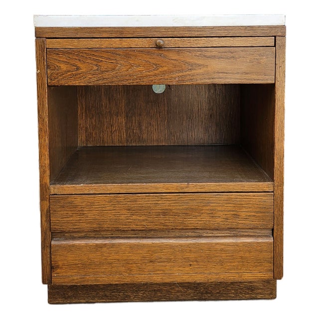 Vintage Mid-Century Oak Nightstand With Marble Top For Sale