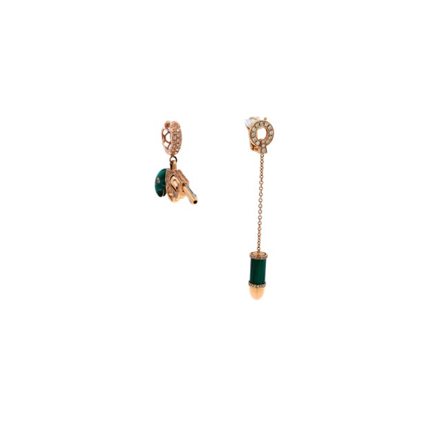 Diamond Green Malachite Pave Bullet 18 Karat Rose Gold Circle Drop Chain Earrings , A Pair For Sale - Image 10 of 13