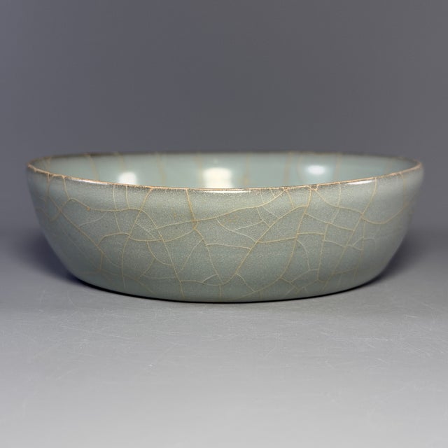 Vintage Chinese Guan‑style celadon brush washer, traditional scholar's studio item. Beautiful pale green glaze with...