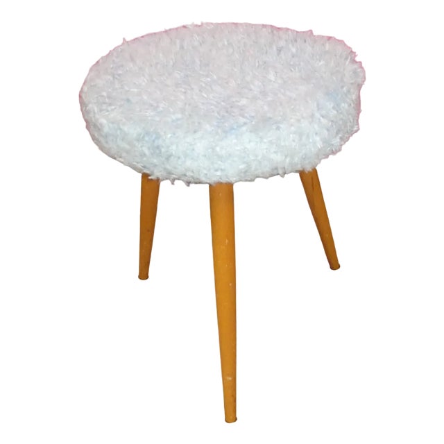 Wood Stool with Filigree Legs & Pastel Blue Fluff Cover For Sale