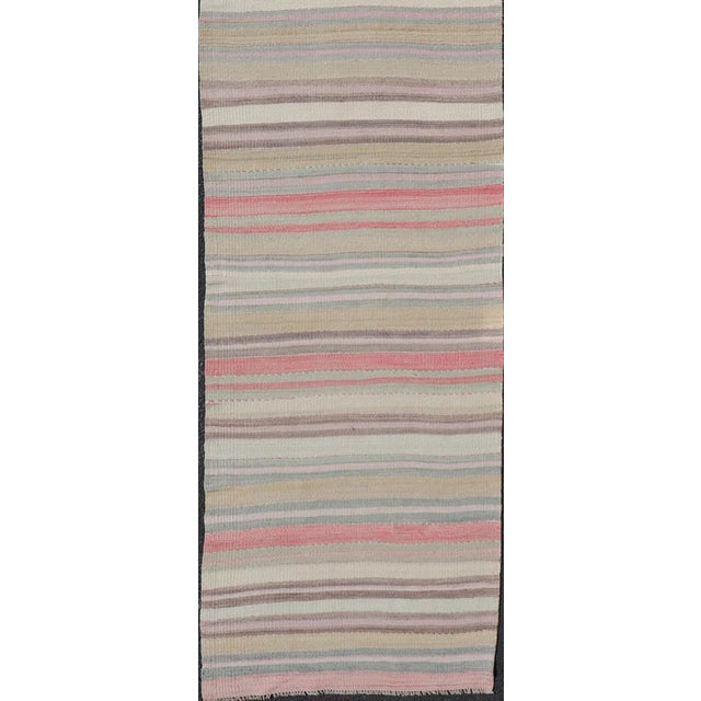 Traditional Mid 20th Century Colorful Vintage Turkish Kilim Runner With Stripes and Multi Colors For Sale - Image 3 of 12