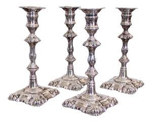 Set of Four George II Style English Silver Plate Candlesticks, 19th Century