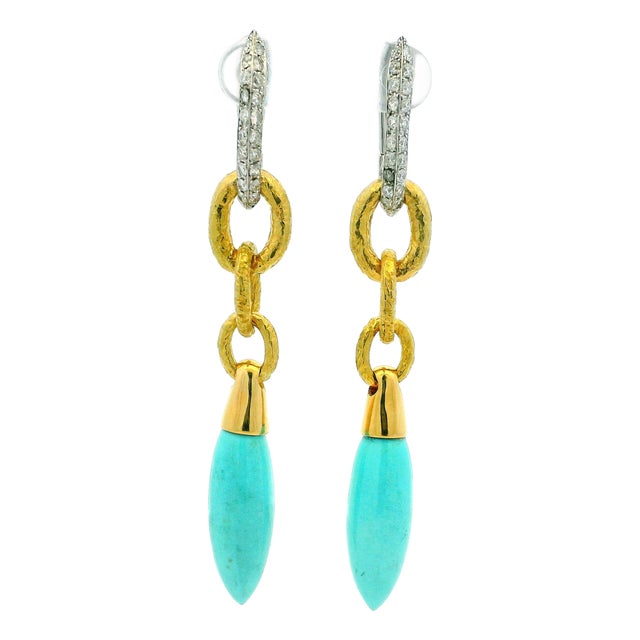 1990s Pair of Italian 18k Gold Diamond & Turquoise Link Drop Earrings For Sale
