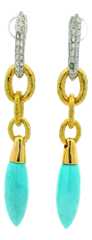 1990s Pair of Italian 18k Gold Diamond & Turquoise Link Drop Earrings