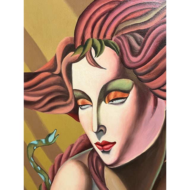 1980s D. 1987 J. Collazzi Postmodern Deco Style Adam and Eve Diptych Paintings For Sale - Image 5 of 10