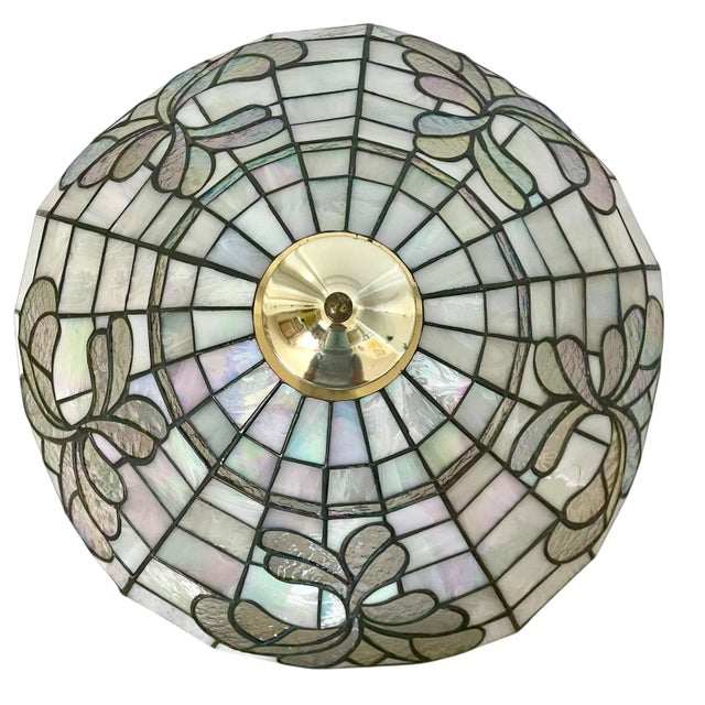 Vintage Tiffany Style Stained Hanging Lamp Shade. 1980s. Soft Colors For Sale In San Francisco - Image 6 of 9