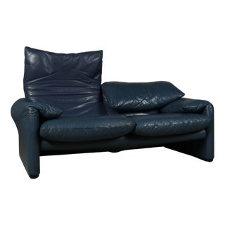 Maralunga 2-Seater Sofa in Blue Leather by Vico Magistrettifor Cassina, Italy, 1973 For Sale
