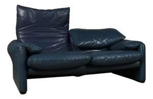 Maralunga 2-Seater Sofa in Blue Leather by Vico Magistrettifor Cassina, Italy, 1973