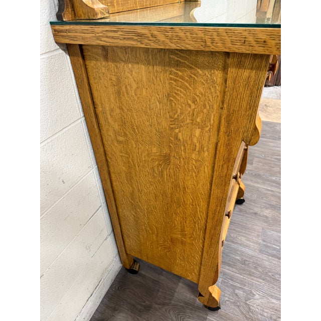 1900 - 1909 Antique American Empire Revival Oak Highboy Dresser Chest of Drawers With Mirror For Sale - Image 5 of 18