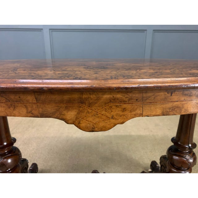 Victorian Inlaid Burr Walnut Stretcher Table, 1870 For Sale - Image 4 of 4