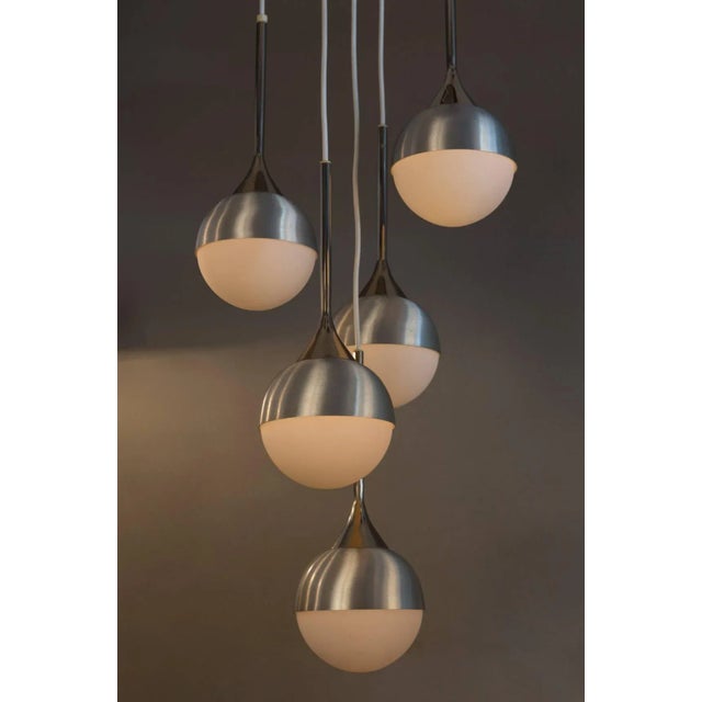 Metal 1960s Five-Globe Chandelier Attributed to Stilnovo For Sale - Image 7 of 8
