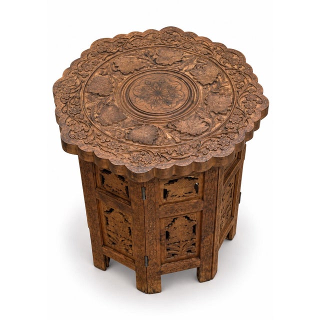 Antique Middle Eastern Octagonal Carved Side Table with Brass Inlay, 1890s For Sale - Image 4 of 8