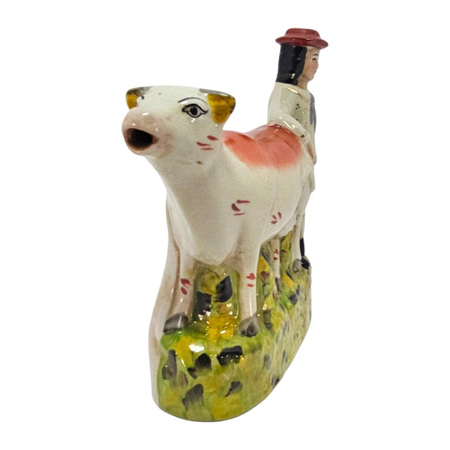 Early 20th Century Staffordshire-Style English Cow and Boy Pottery Flatback For Sale - Image 4 of 10