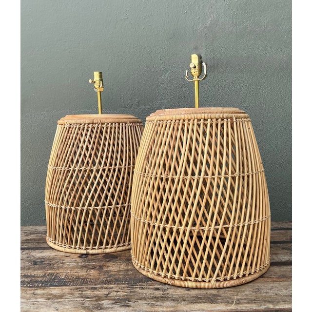 Vintage Woven Rattan Lamps - A Pair For Sale - Image 11 of 12