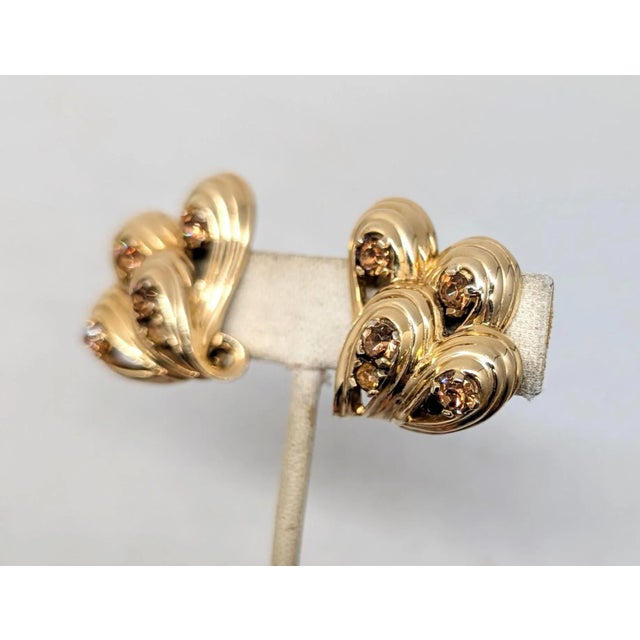 Mid-Century Modern Vintage 1960s Signed Jomaz Goldtone Faux-Topaz Clip Earrings-2 Pieces For Sale - Image 3 of 9