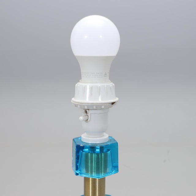 Mid-Century Modern Blue Cast Glass and Brass Lamp from Nybro Armaturfabrik, 1960s For Sale - Image 3 of 5