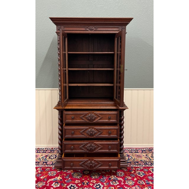Brown Antique French Bookcase & Chest of Drawers Display Cabinet Barley Twist Oak For Sale - Image 8 of 13
