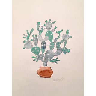 Contemporary Sage Cactus Watercolor Painting For Sale