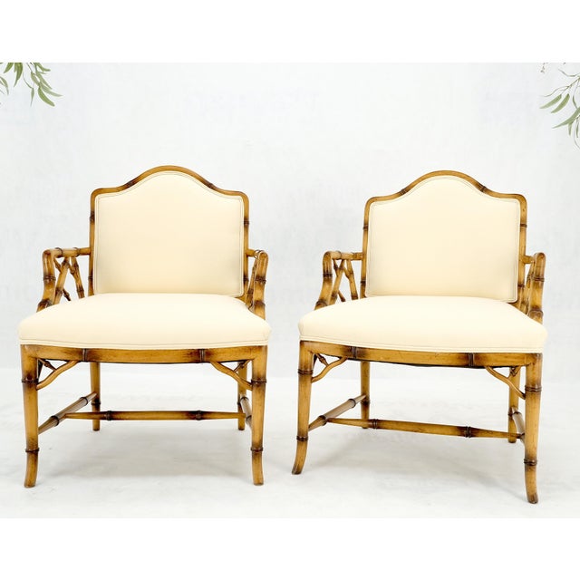 Mid 20th Century Pair Faux Bamboo New Virgin Wool Upholstery Lounge Arm Fire Side Chairs MINT! For Sale - Image 5 of 16
