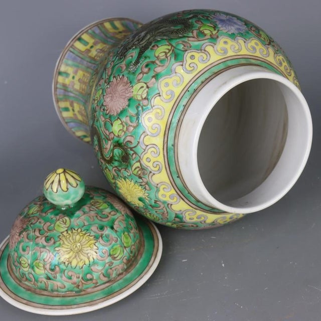 Green Antique Chinese Ceramic Pot Qing Dynasty Kangxi Marked Green Ground Famille Rose Porcelain Ginger Jar Hand Painted Dragon Pattern For Sale - Image 8 of 8