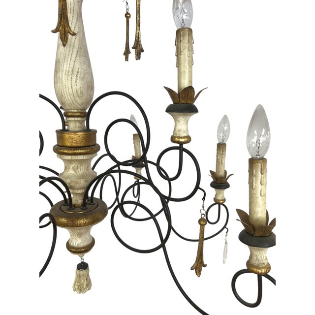 1970s French Country 9-Light Wrought Iron Chandelier With Carved Wood Accents For Sale - Image 5 of 13