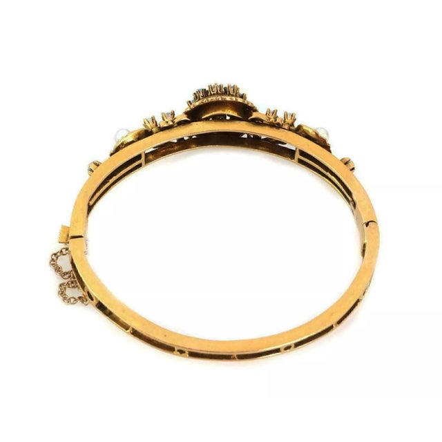 Contemporary Pearls & Opal 14k Yellow Gold Floral Bangle Bracelet For Sale - Image 3 of 5