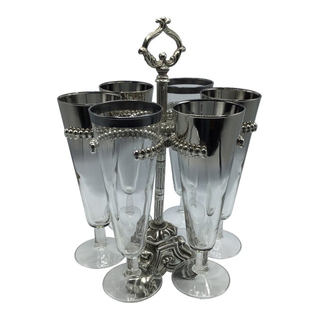 Silver Ombre and Silver Band Pilsner Stemware Set With Caddy by Vitreon Queen Lusterware - Set of 7 For Sale