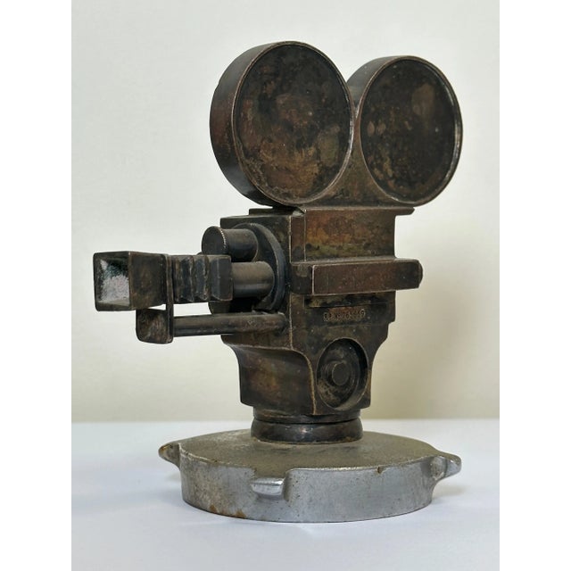 Early 20th Century Small Art Deco Movie Director Reel Camera Classic Car Mascot Sculpture With Verdigris For Sale - Image 13 of 13