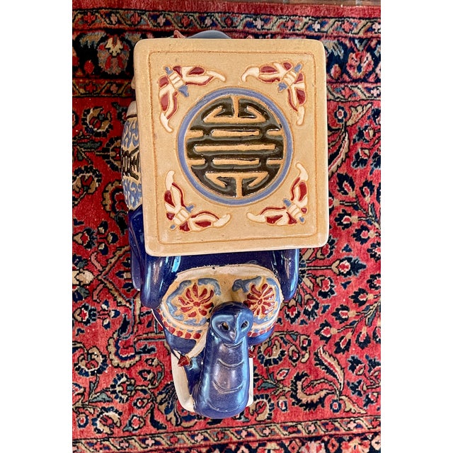 Navy Blue Vintage Ceramic Elephant Garden Stool/ Table/ Plant Stand For Sale - Image 8 of 12