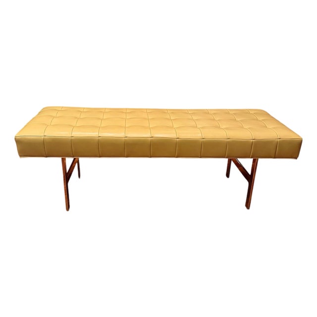 1960s Mid-Century Modern Tufted Vinyl Bench With Chrome Base – Attributed to Knoll For Sale