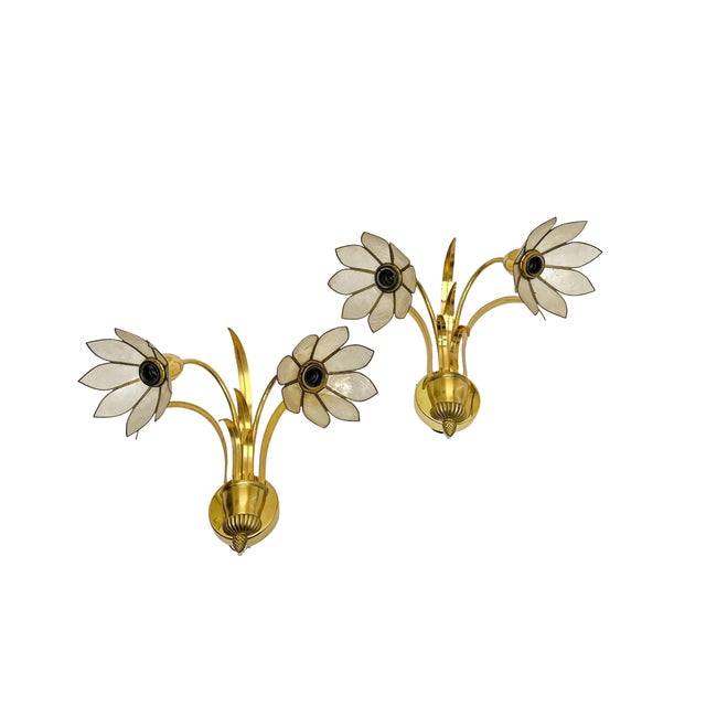 S.A.Boulanger Model 4632 Floral Wall Lamps with elegant brass arms featuring leaves and lotus flowers. Highly decoratieve...