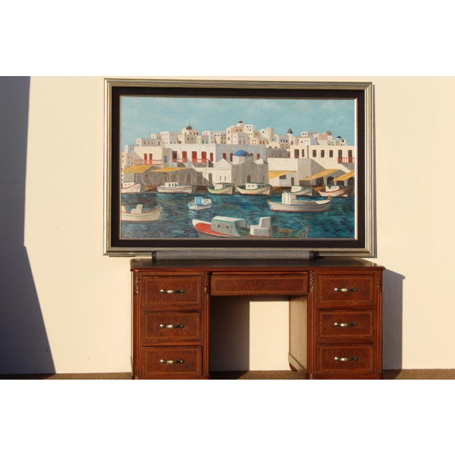 Very attractive monumental art of a Greek island to guess Mediterranean art Nicely framed. Blue cream rust terra-cotta...
