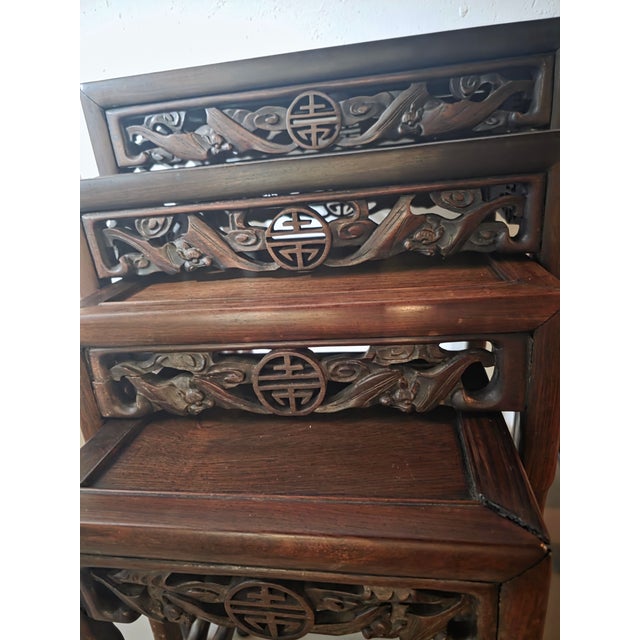 Set of 1930s Chinese Carved Hardwood Nesting Tables With Traditional Fretwork and Longevity Symbols For Sale In Chicago - Image 6 of 9