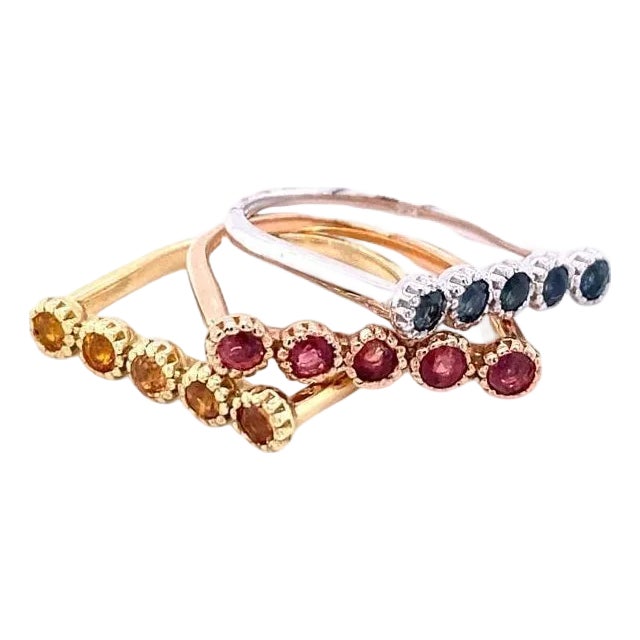 1.78 Carat Multicolor Sapphire Gold Stackable Bands, Size 7 For Sale