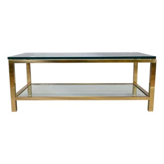 Mid Century Modern Mastercraft Style Two Tiered Brass and Glass Coffee Table For Sale