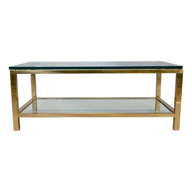 Mid Century Modern Mastercraft Style Two Tiered Brass and Glass Coffee Table For Sale