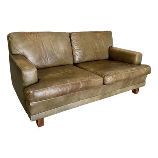 Mid Century Olive Buffalo Leather and Rosewood Loveseat After Arne Norell For Sale
