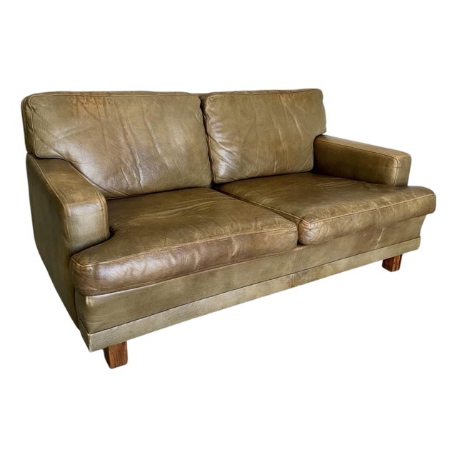 Mid Century Olive Buffalo Leather and Rosewood Loveseat After Arne Norell For Sale