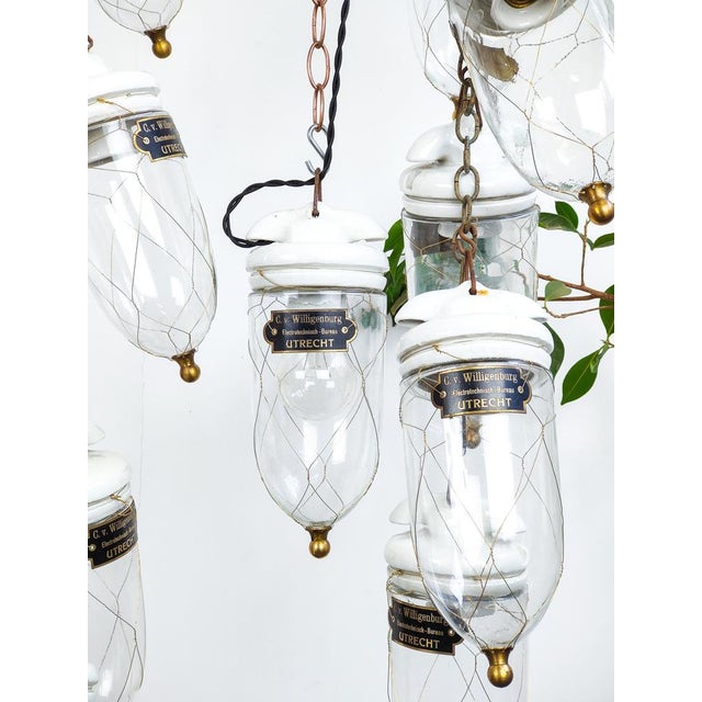 Gold Antique Dutch Brass Wire Caged Porcelain and Glass Pendant from Utrecht For Sale - Image 8 of 8