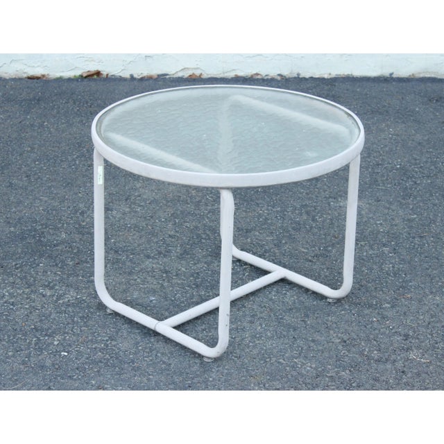 High Quality Vintage Aluminum Frame Outdoor Side Table with Round Glass Top, Potentially by Brown Jordan (Not Labeled)