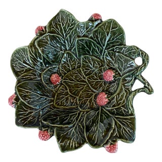 Vintage Majolica Strawberry Leaf Plate For Sale